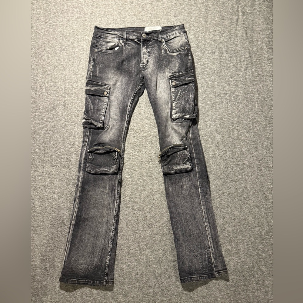 Evolution in Design Stacked Cargo Jeans teens Size 20 (fit 30x34) black grunge